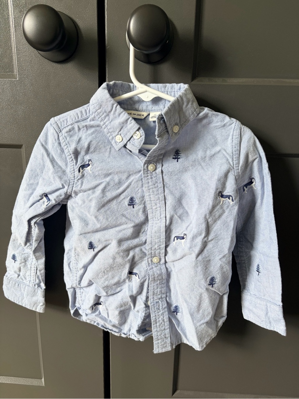 Janie and Jack Light Blue Button-Down Shirt with Navy Embroidered Trees & Huskie